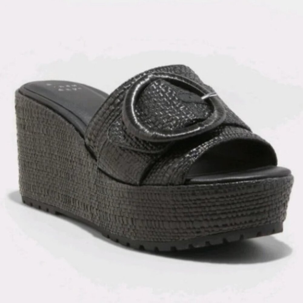 NEW VICTORIA black Rafia-Like Platform sandal Mule Wedge size 9.5